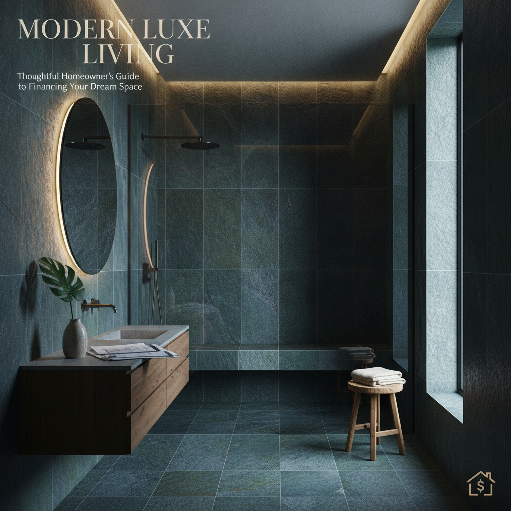 A seamless, spa-like bathroom interior with natural stone tiles and a walk-in shower.