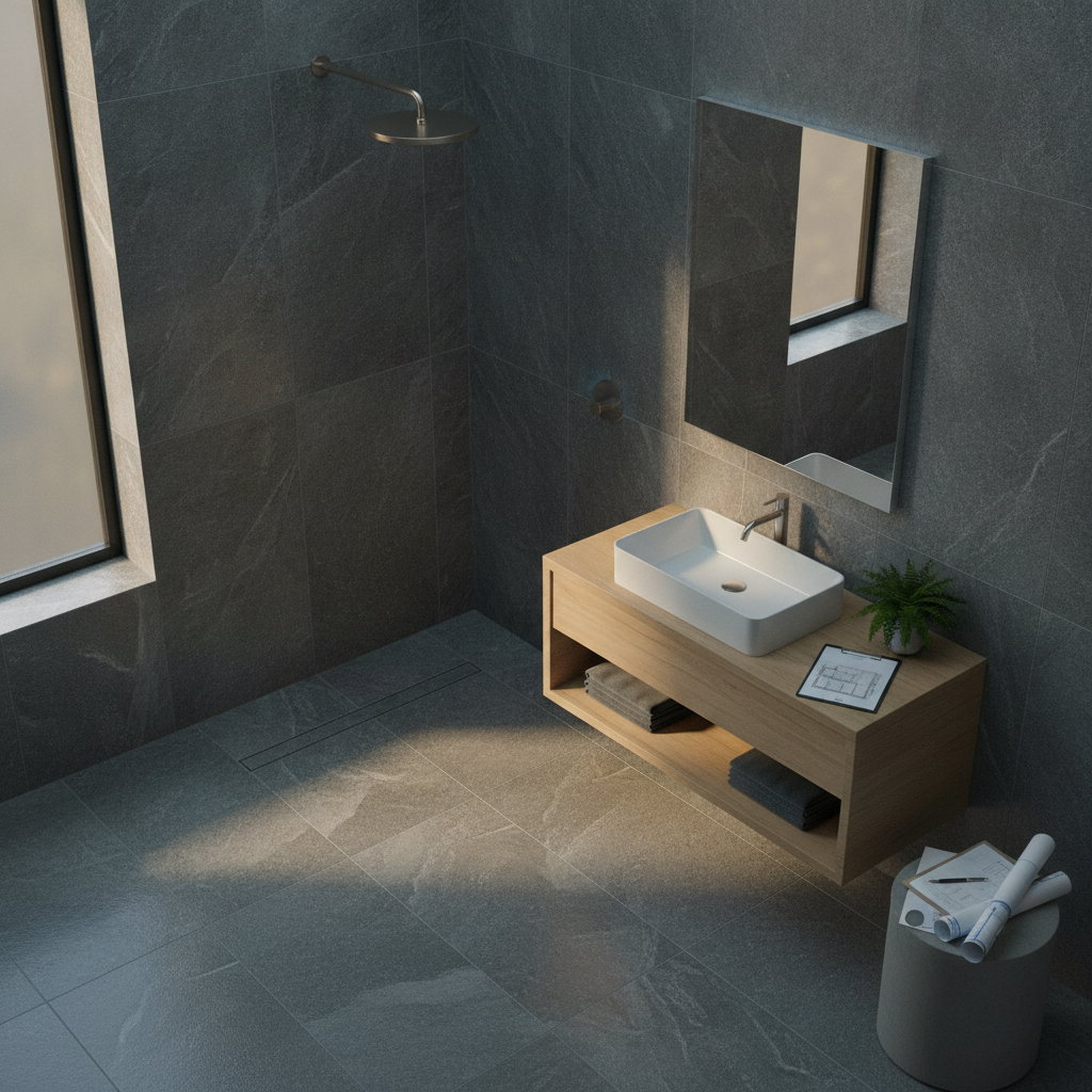 A modern wet room bathroom with large format dark natural stone tiles and a linear drain.