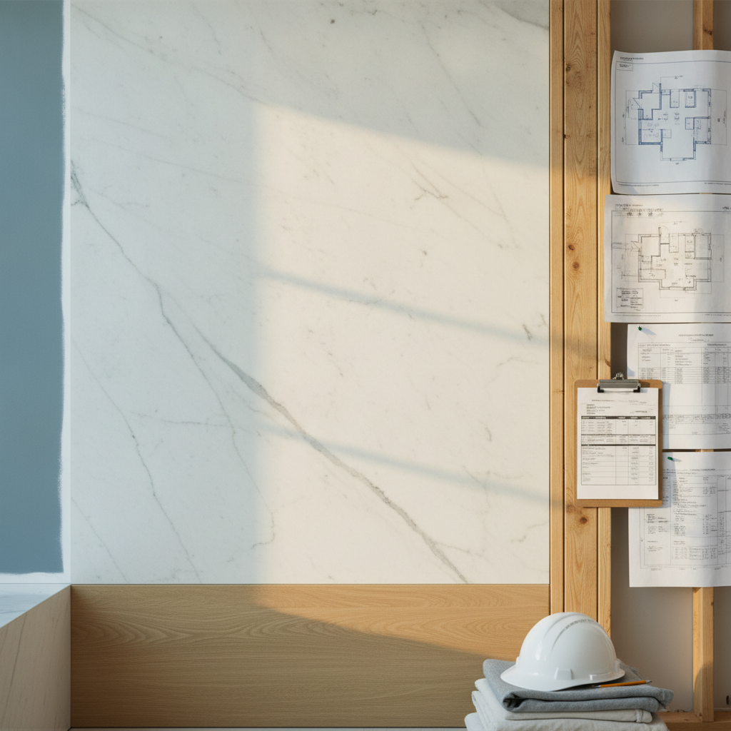 Close-up of a luxurious bathroom wall with large polished white marble slabs.