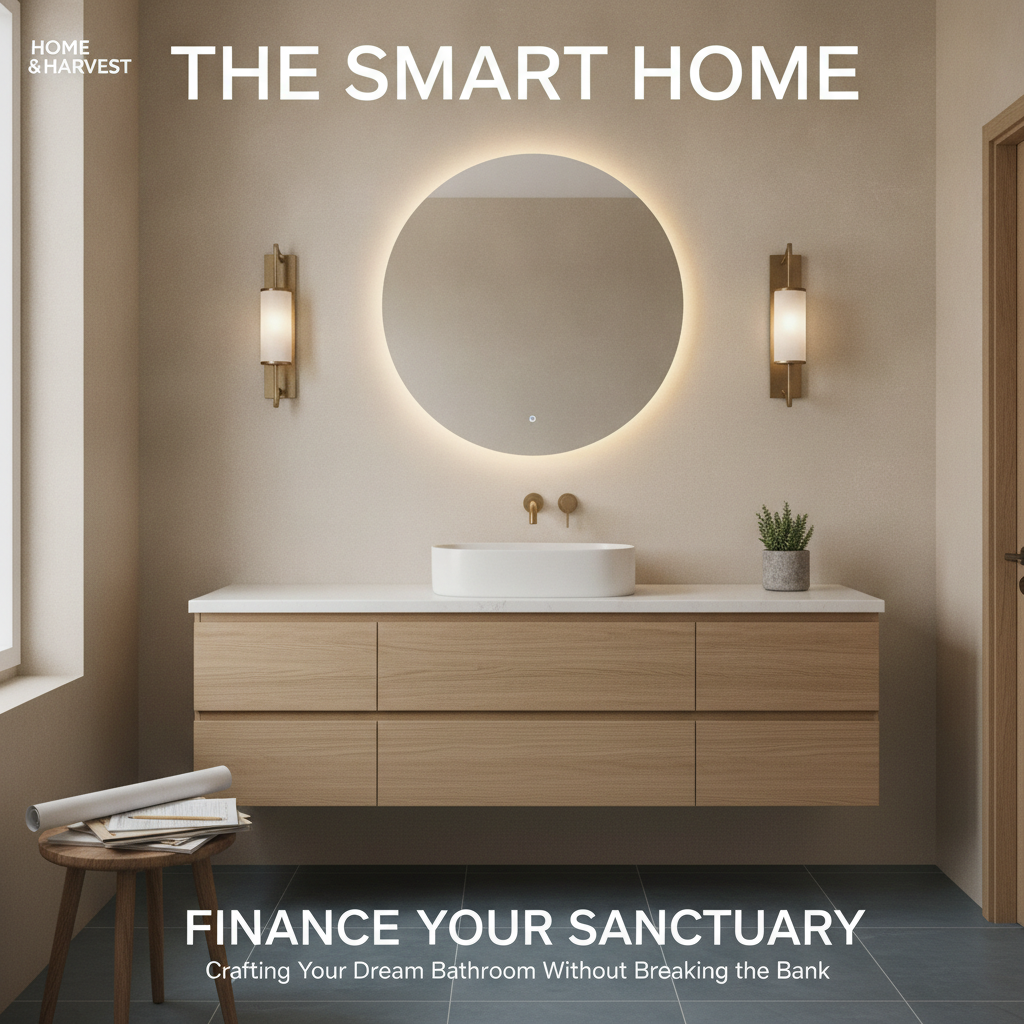 A warm minimalist bathroom with a floating vanity, circular mirror, and statement wall sconces.