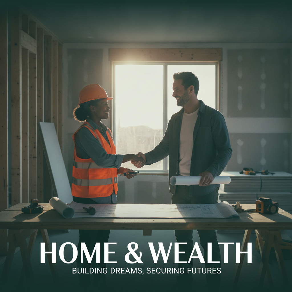 General contractor and homeowner shaking hands on a construction site.