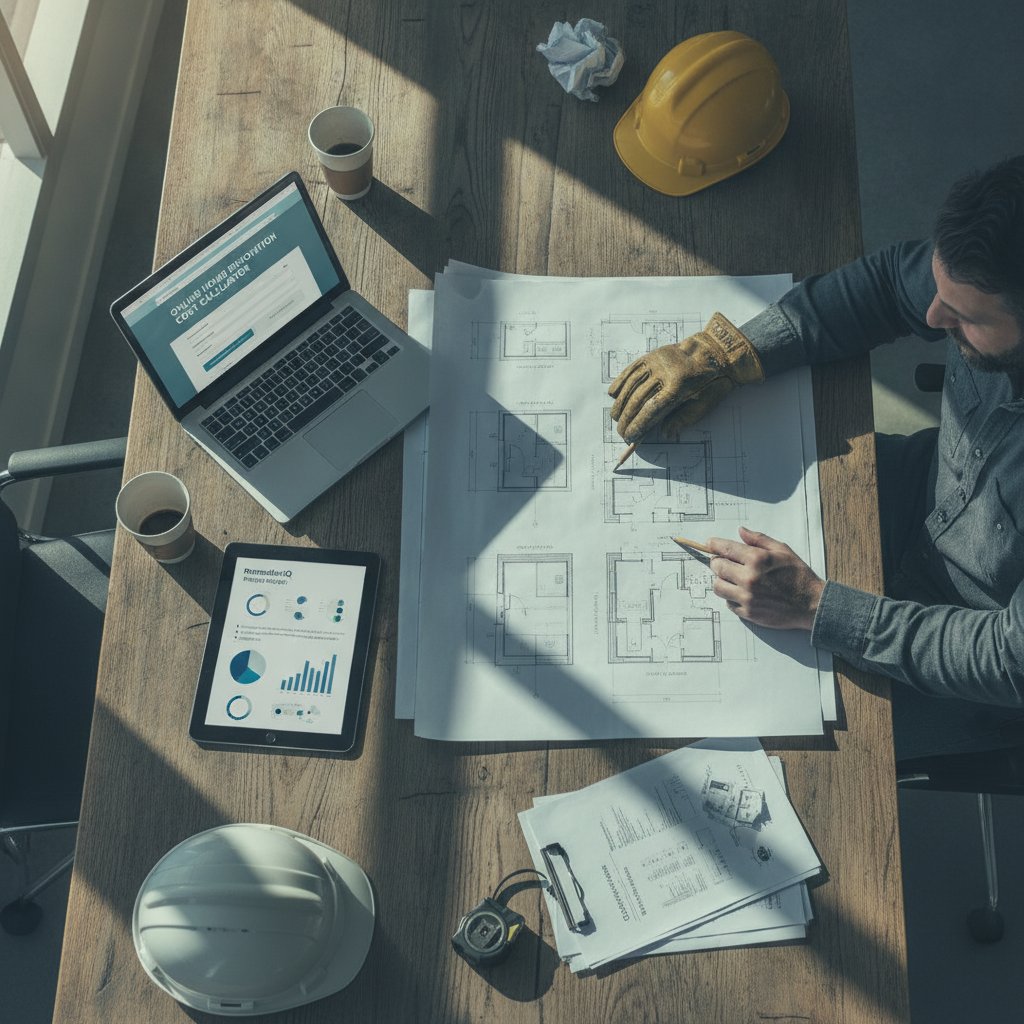 Contractor comparing blueprints with a tablet showing RemodelerIQ analysis and a laptop displaying an online cost calculator.
