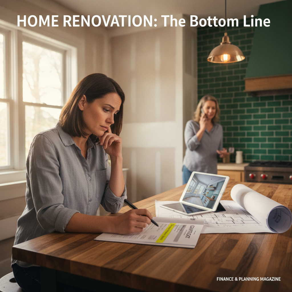 Homeowner reviewing a remodeling contract with a highlighted payment schedule on a kitchen island.