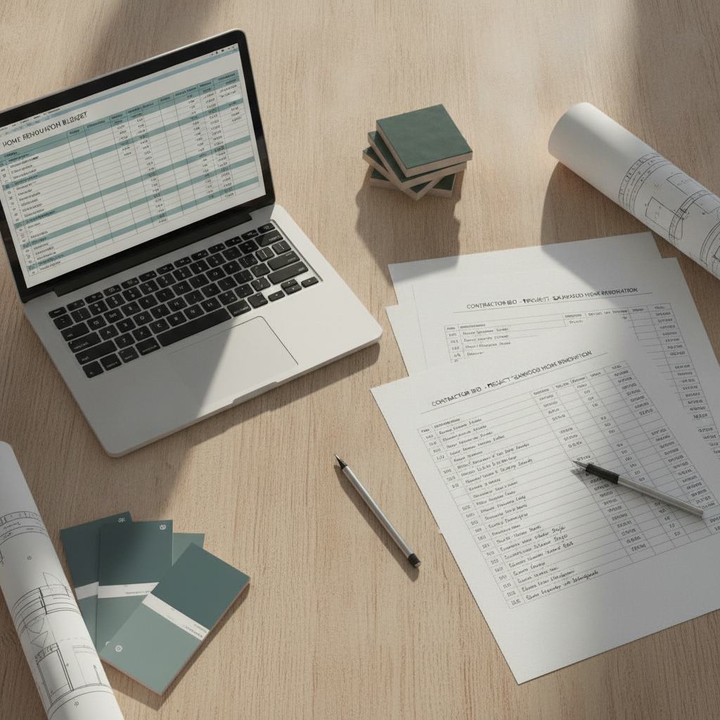 Laptop displaying a budget spreadsheet next to a contractor's bid.