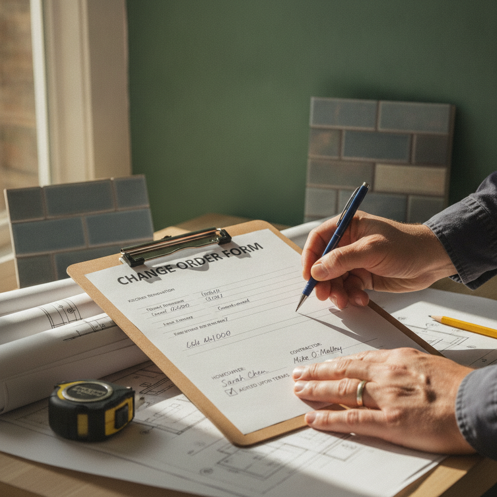 Signed change order document with homeowner and contractor hands.