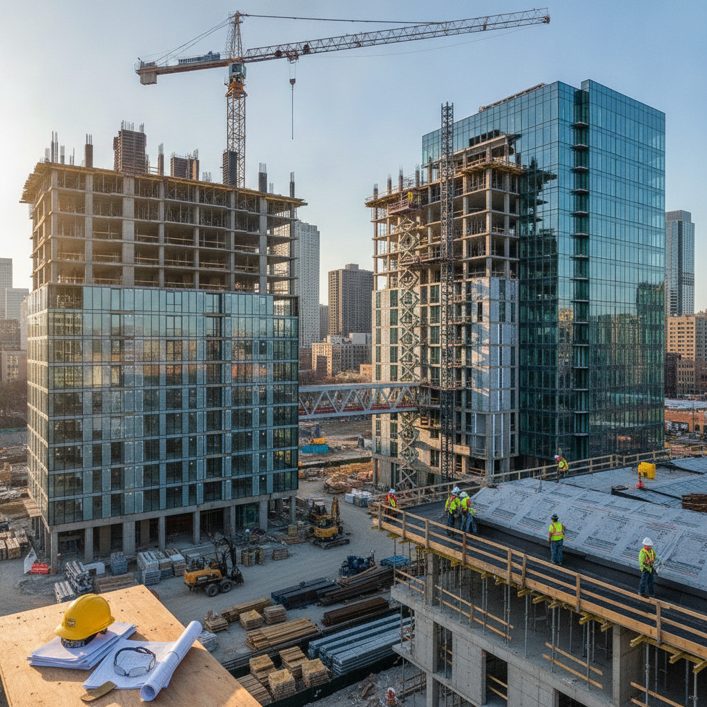Urban construction site with cranes and workers, reflecting high-cost city remodeling environments.