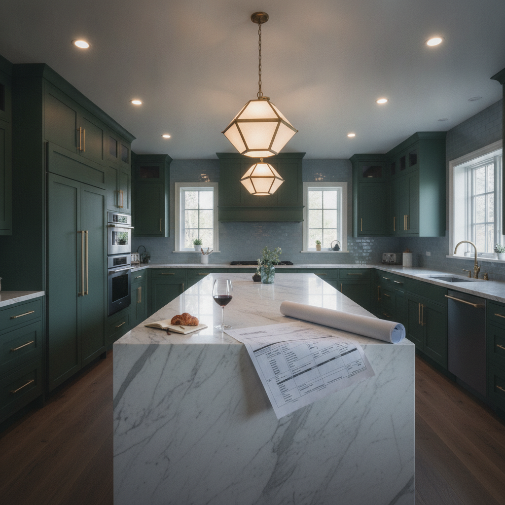 Elegant upscale kitchen with marble island and integrated appliances.