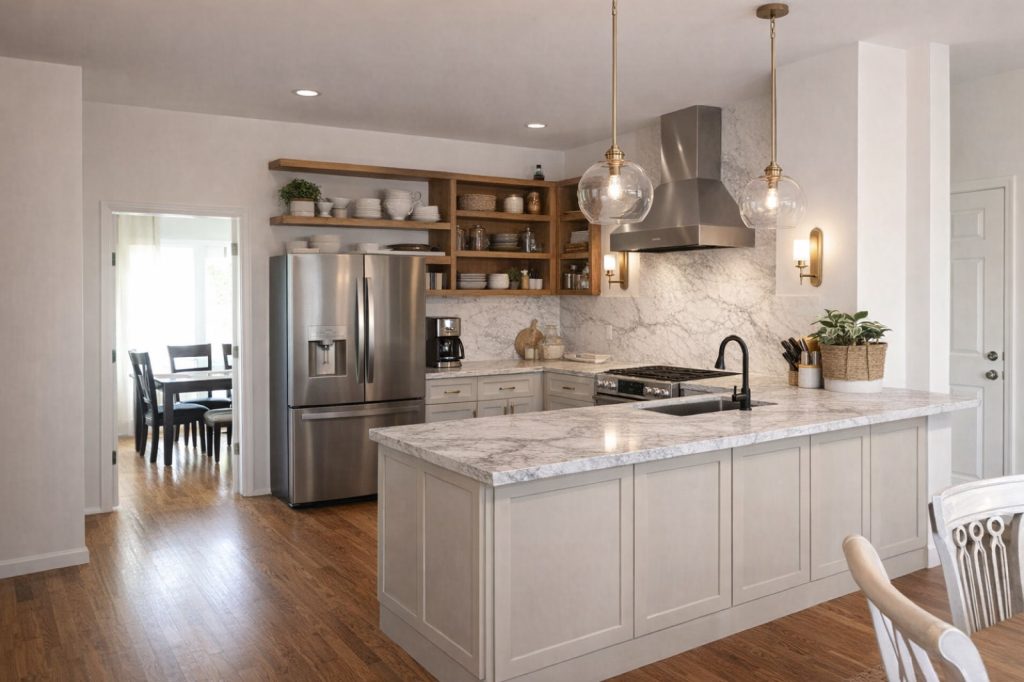 Renovated kitchen with marble waterfall island, brass pendants, and stainless appliances — RemodelerIQ Visualizer