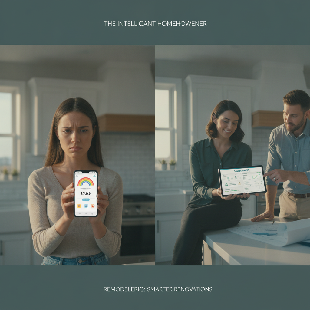 Homeowner using a simple online calculator versus a homeowner reviewing a detailed RemodelerIQ report with a contractor.