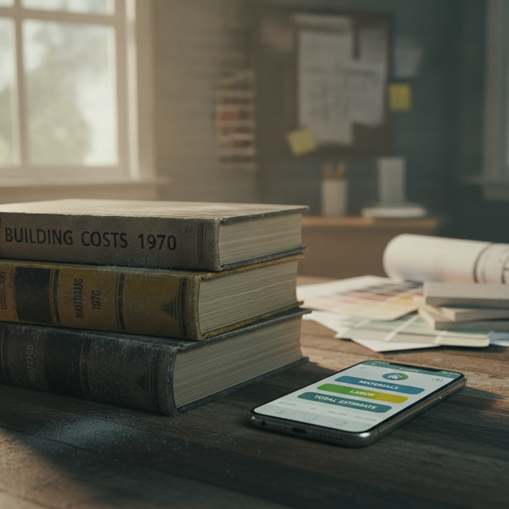 Old construction cost books next to a smartphone showing a generic online cost calculator.