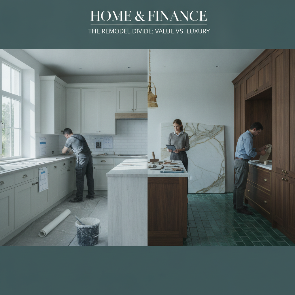 Side-by-side comparison of a mid-range kitchen under construction and a section with upscale design elements, highlighting material differences.